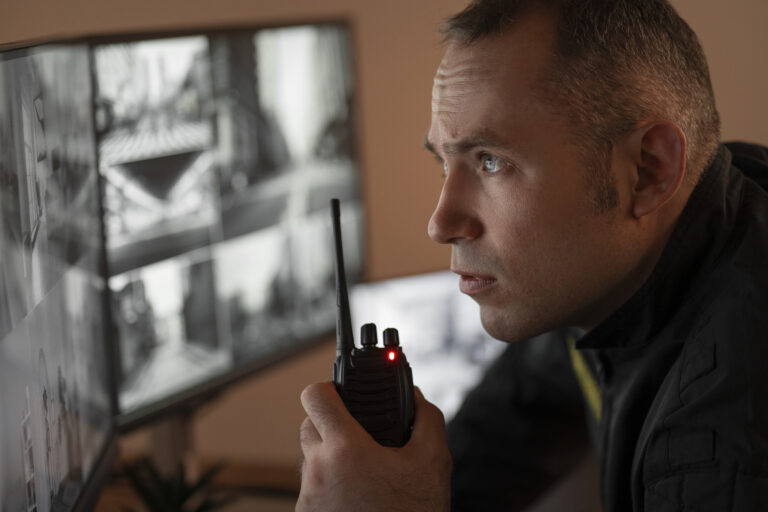 Vigilante de seguridad mientras revisa las videocámaras